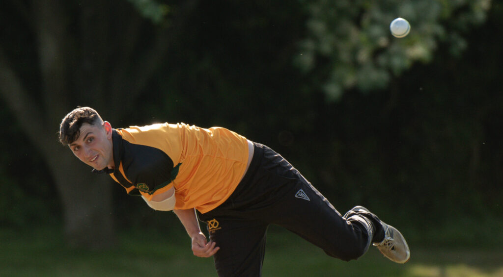 Staffordshire County Cricket Club's Nils Priestley bowls on NCCA Twenty20 Cup finals day