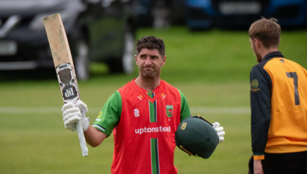 Leicestershire's Colin Ackermann celebrates reaching his century.