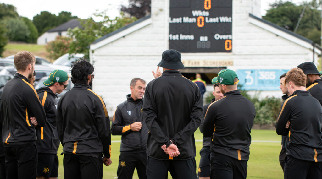 Staffordshire County Cricket Club head coach Andy Carr addresses the players