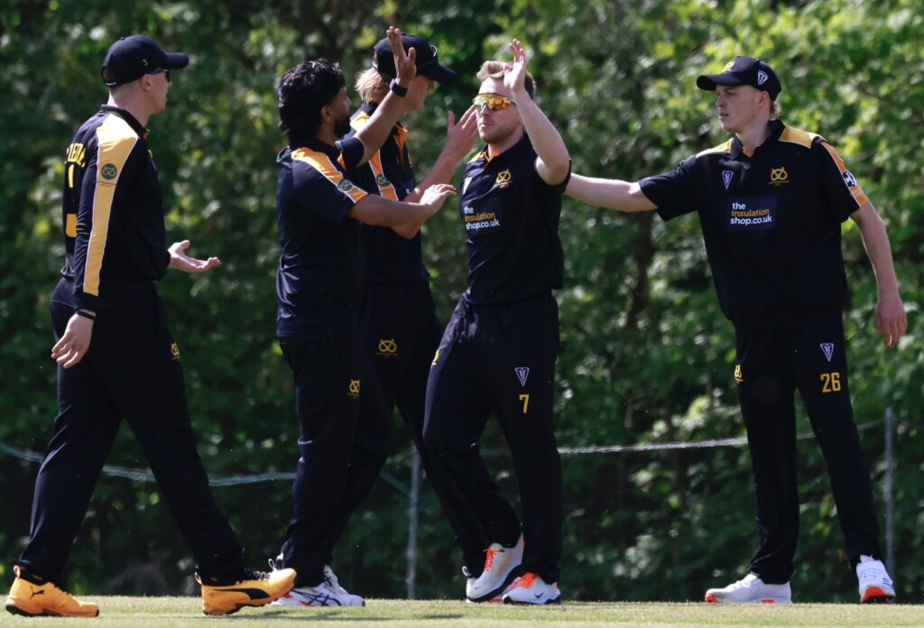 Staffordshire's Matt Morris celebrates taking a Northumberland wicket.