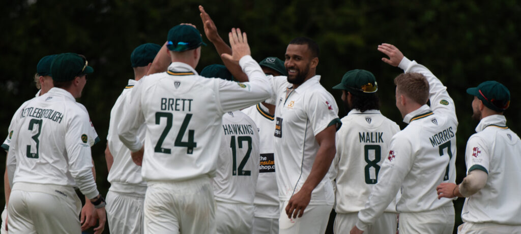 Staffordshire celebrate taking a Bedfordshire wicket at Checkley.