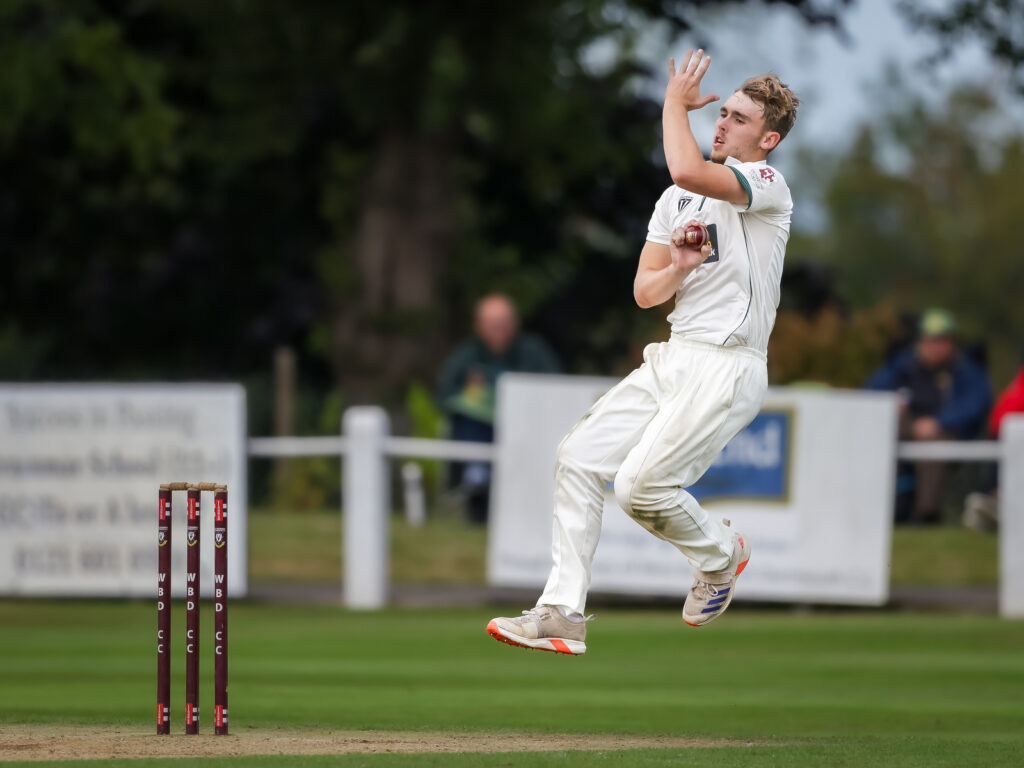 Staffordshire seamer Sam Atkinson bowls in the NCCA Championship final