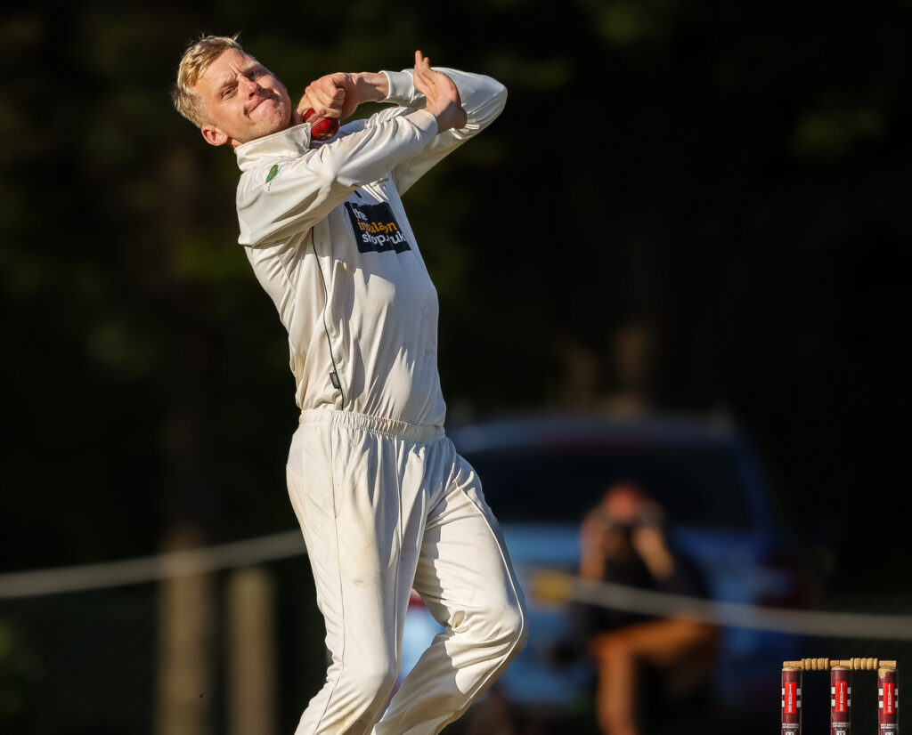 Staffordshire spinner Tom Brett bowls in the NCCA Championship final