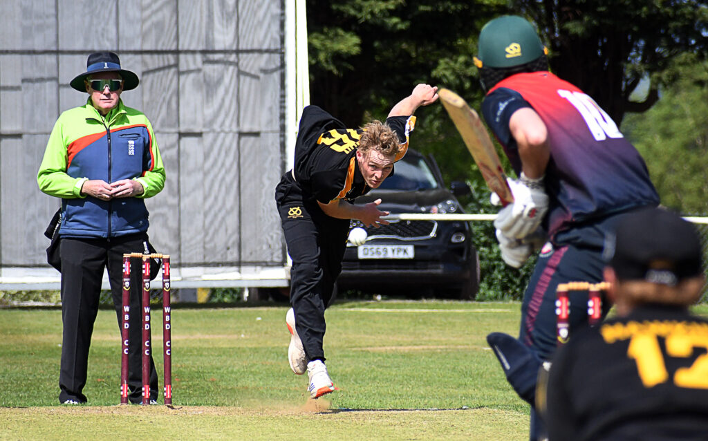 Staffordshire seamer Rory Haydon hunts for Herefordshire wickets.