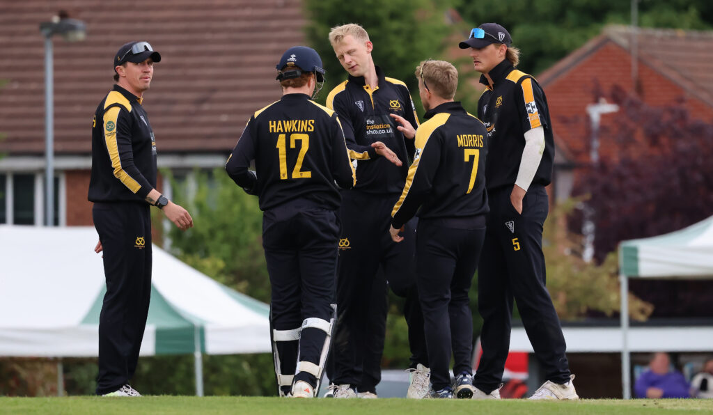 Staffordshire celebrate taking a Shropshire wicket at Burslem.