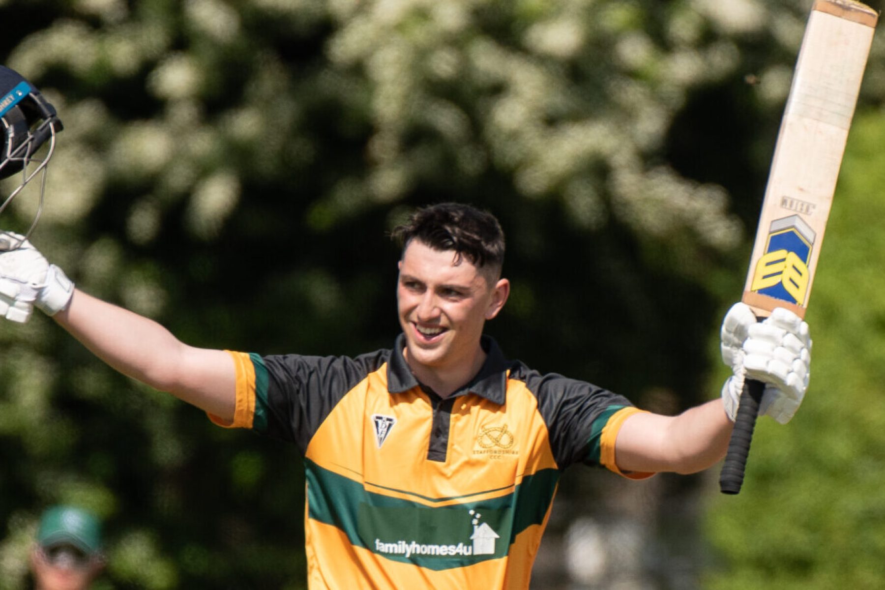 Staffordshire County Cricket Club batsman Nils Priestley celebrates his century against Berkshire in the NCCA Twenty20 Cup.