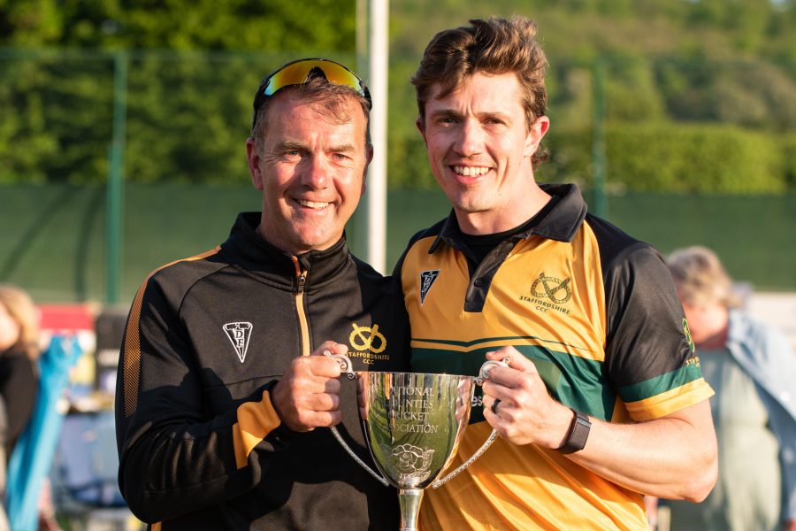 Staffordshire County Cricket Club head coach Andy Carr, left, and captain James Kettleborough with the NCCA Twenty20 Cup