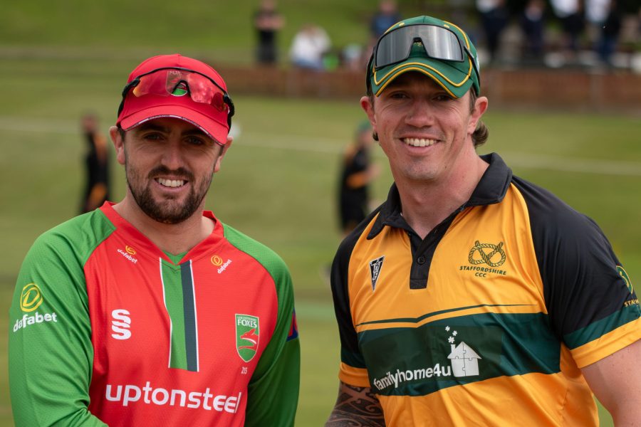 Staffordshire County Cricket Club captain James Kettleborough, right, shakes hands with Leicestershire skipper Lewis Hill